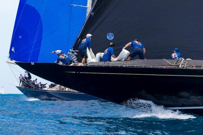 The crew handle sails on the deck of Hanuman, a replica of the biggest J Class ever built to date: Thomas Sopwith’s 1936 J Class, Endeavour II. - Kohler Cup ©  ACEA 2017 / Photo Studio Borlenghi